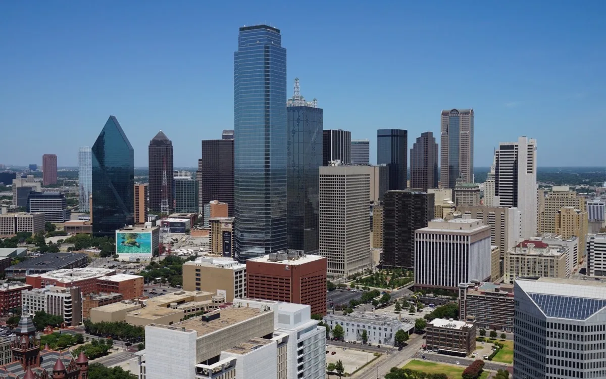 The downtown Dallas skyline seen from the GeO-Deck of Reunion Tower
