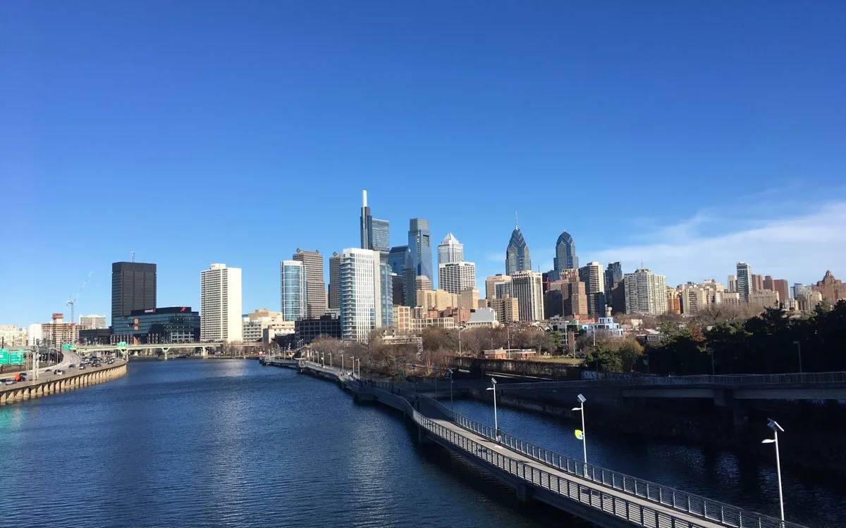 The Center City Philadelphia skyline across the Schuylkill River from the South Street Bridge