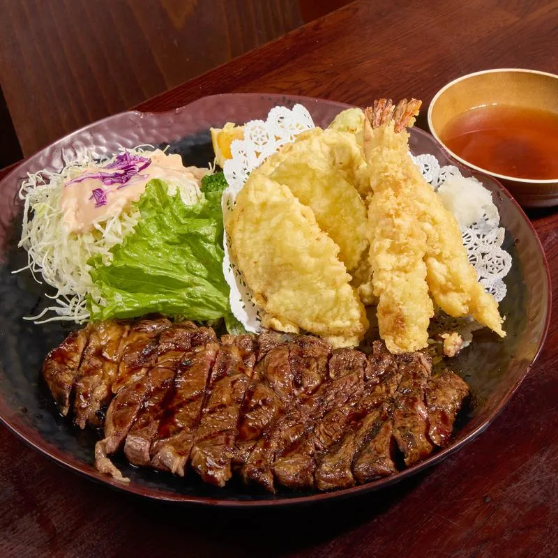 Shrimp and vegetable tempura with grilled beef and salad, from Azuma's menu (Gardena)